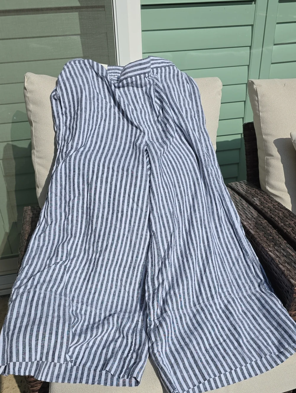Women’s Blue and White Striped Linen Blend Maxi Pants